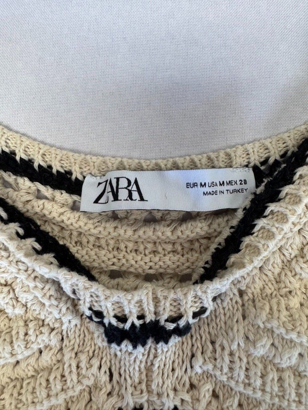 Zara Ecru Crochet Knit Maxi Dress Babydoll Silhouette Black Trim Size M Rare - Picture 5 of 11